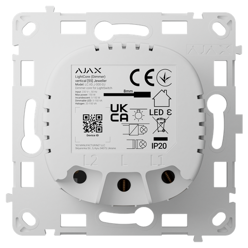 Interrupteur d'éclairage intelligent à gradation par relais - Sans fil 868 MHz Jeweller - Portée de communication jusqu'à 900 m - Alimentation électrique 230 V CA 50 Hz - Pas besoin de câble neutre - Ajax - LightSwitch LightCore (Dimmer) Vertical